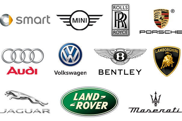 Car brand logos Smart logo, Mini logo, Rolls Royce Logo, Porsche Logo, Audi logo, Volkswagen Logo, Bentley Logo, Lamborghini Logo, Jaguar Logo, Land Rover Logo, and Meserati logo.